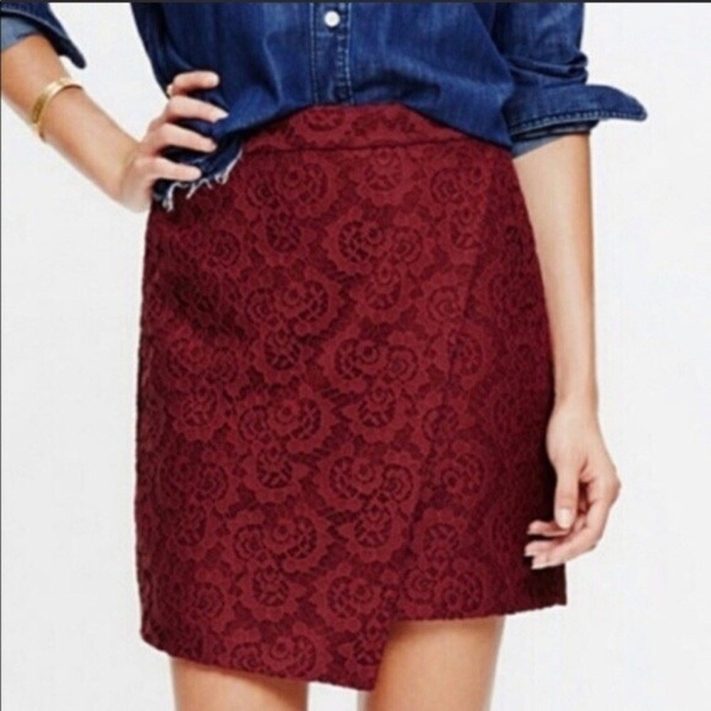 Madewell Burgundy Floral Lace Asymmetrical Wrap Mini Skirt Wine Red size‎ 2